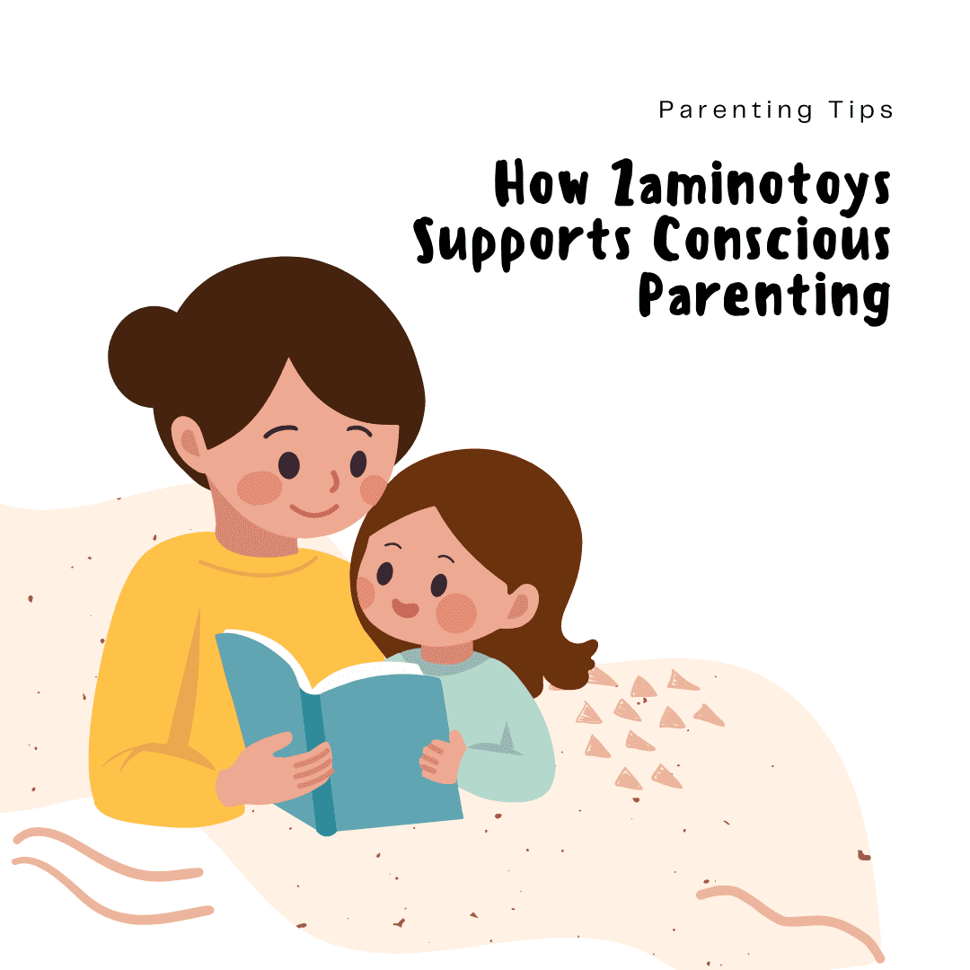 An illustration of a mother and a 3-year-old girl reading a blue book together, representing conscious parenting and language development