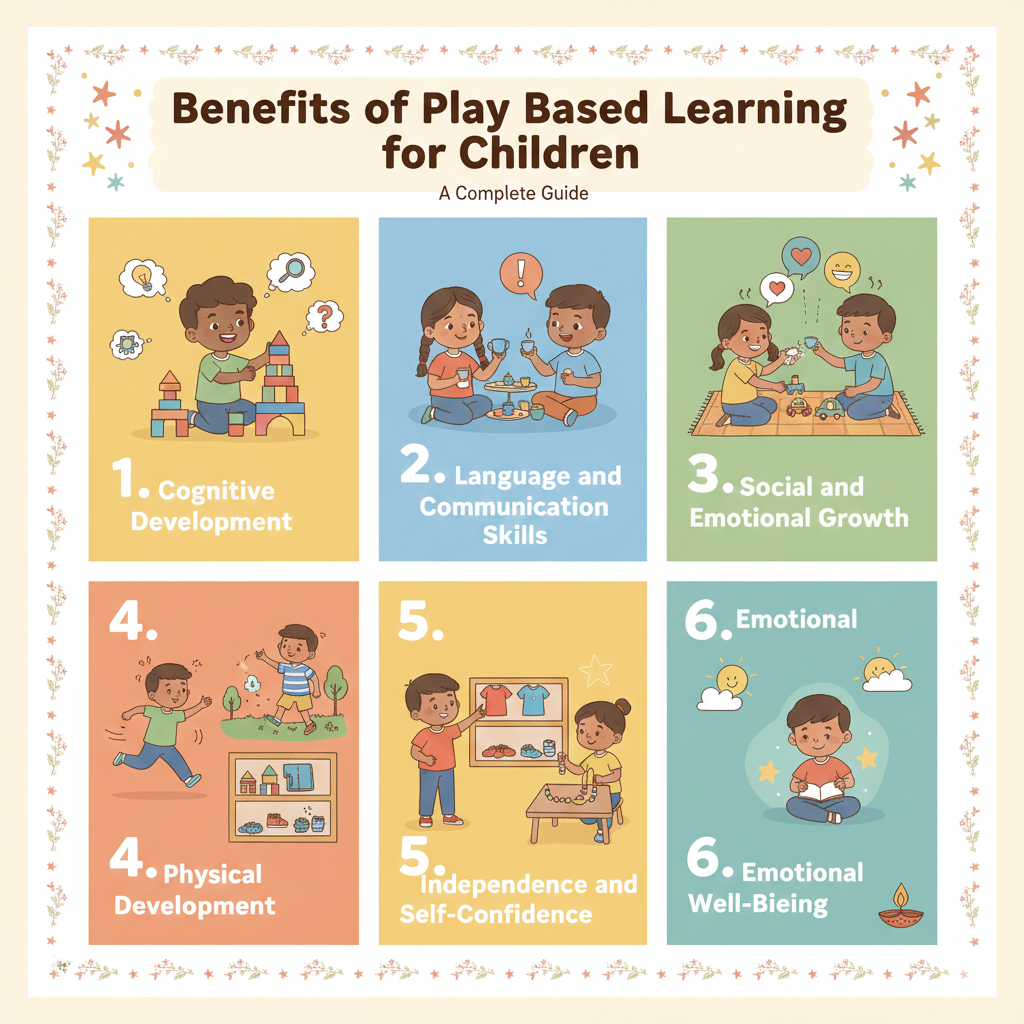 "Infographic showing the benefits of play-based learning for children, including cognitive development with blocks, language skills through pretend play, and social-emotional growth
