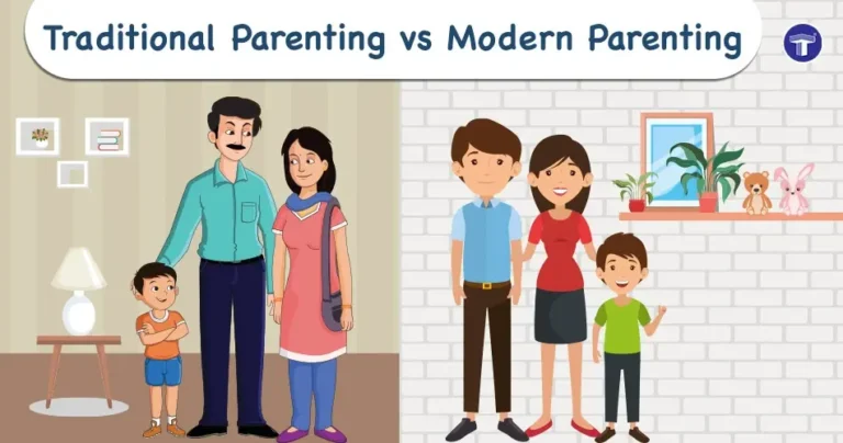 Modern parenting vs traditional parenting comparison showing tech-savvy modern parents with gadgets alongside strict traditional discipline methods and family values.