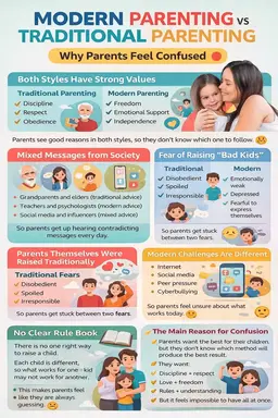 Infographic explaining modern parenting vs traditional parenting and why parents feel confused about choosing the right parenting style