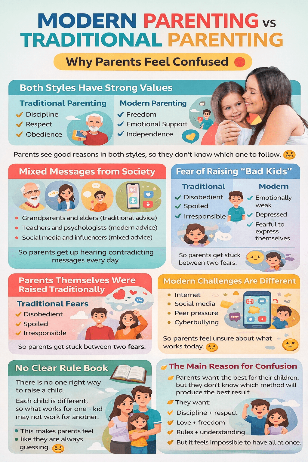 Infographic explaining modern parenting vs traditional parenting and why parents feel confused about choosing the right parenting style