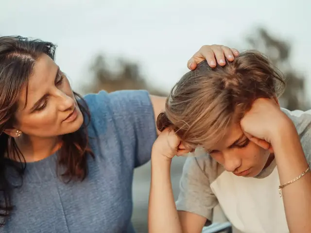 Mother comforting her boy in modern parenting style, showing emotional support and gentle reassurance vs traditional strict discipline methods.