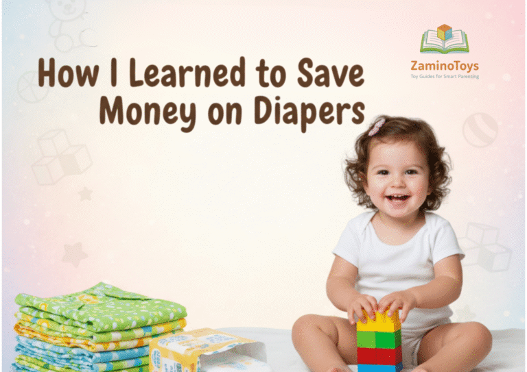 A happy toddler girl playing with blocks next to a stack of reusable cloth diapers and disposable packs, illustrating how to save money on diapers. Featuring the ZaminoToys.in logo on a pastel whimsical background.