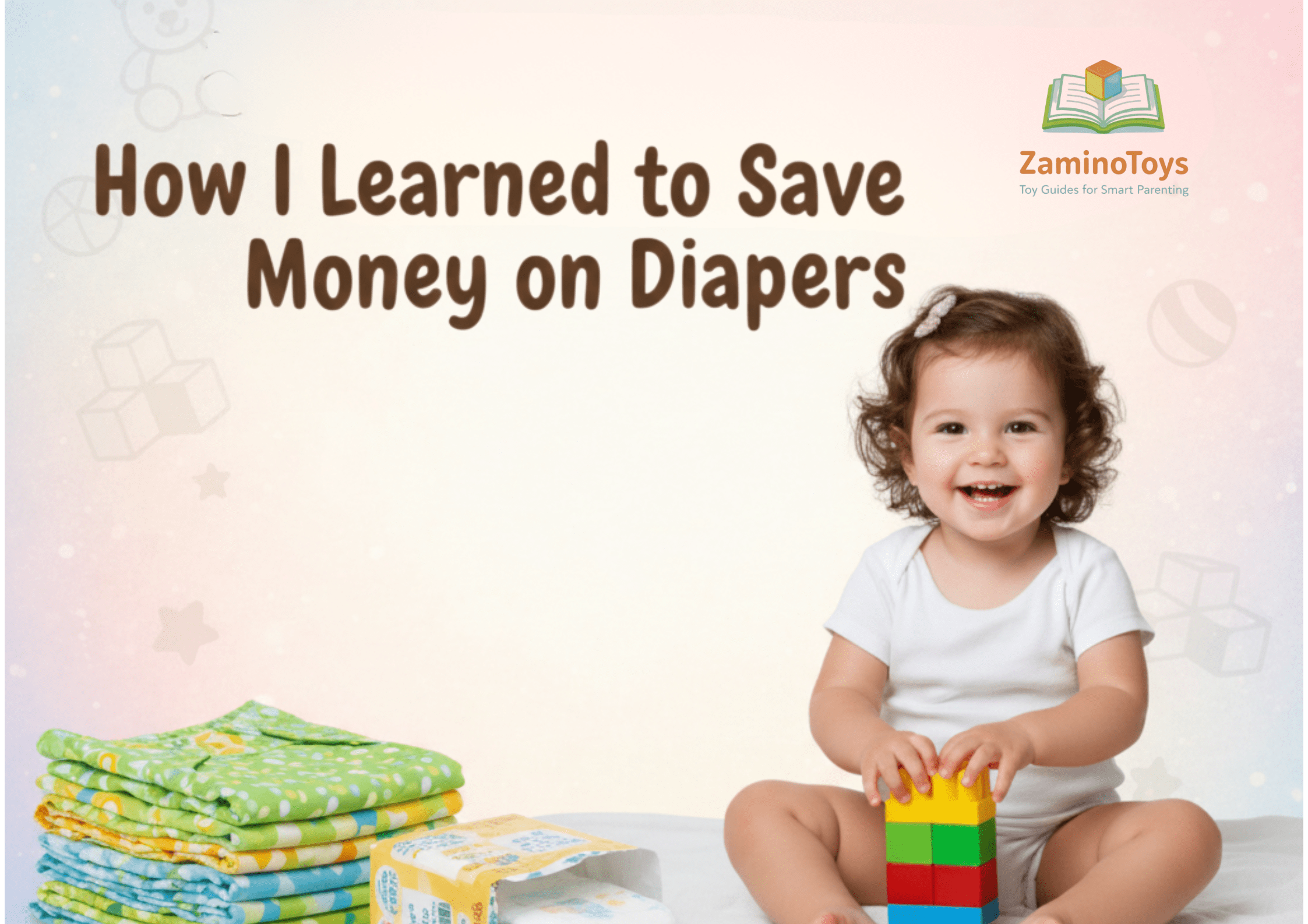 A happy toddler girl playing with blocks next to a stack of reusable cloth diapers and disposable packs, illustrating how to save money on diapers. Featuring the ZaminoToys.in logo on a pastel whimsical background.