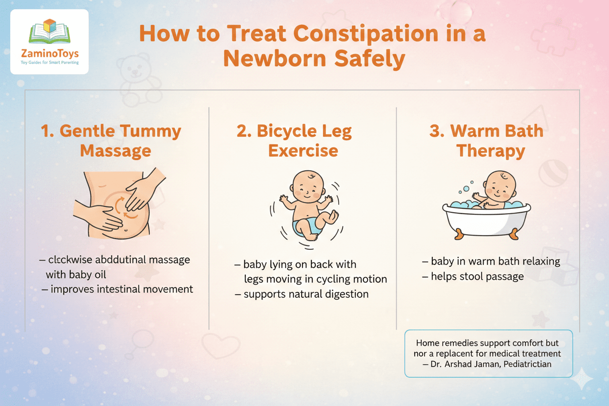 how to treat constipation in a newborn safely infographic showing tummy massage bicycle leg exercise and warm bath therapy ZaminoToys