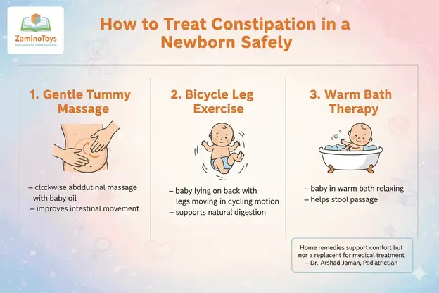 how to treat constipation in a newborn safely infographic showing tummy massage bicycle leg exercise and warm bath therapy ZaminoToys