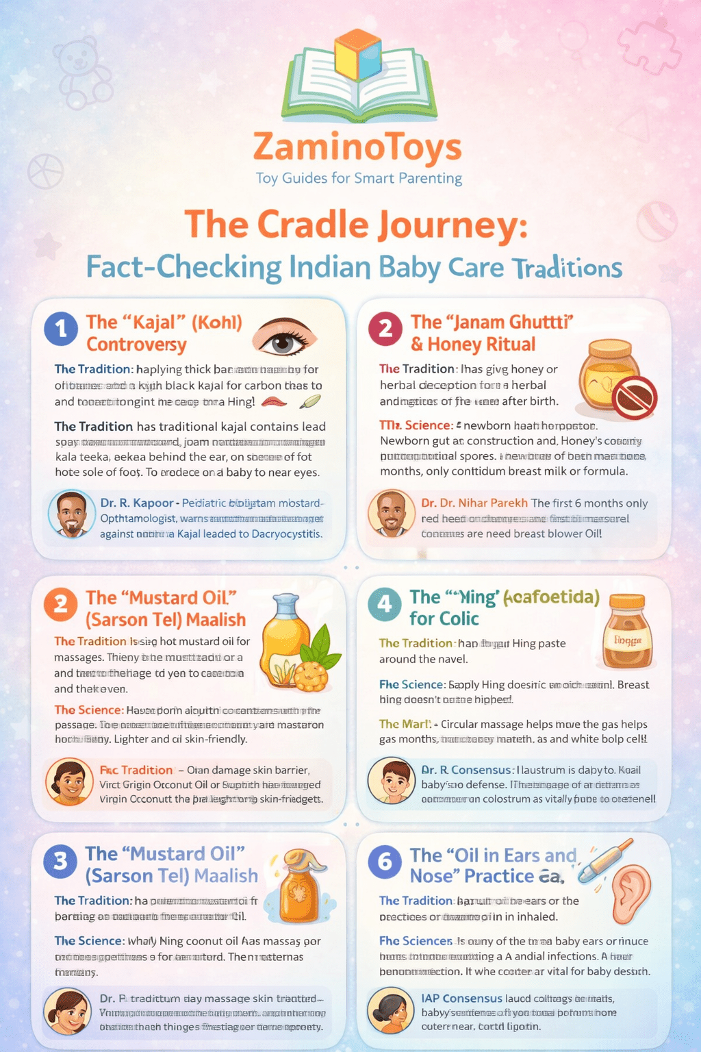 nfographic fact-checking Indian baby care traditions like kajal, honey, mustard oil, and colostrum with pediatrician-approved science