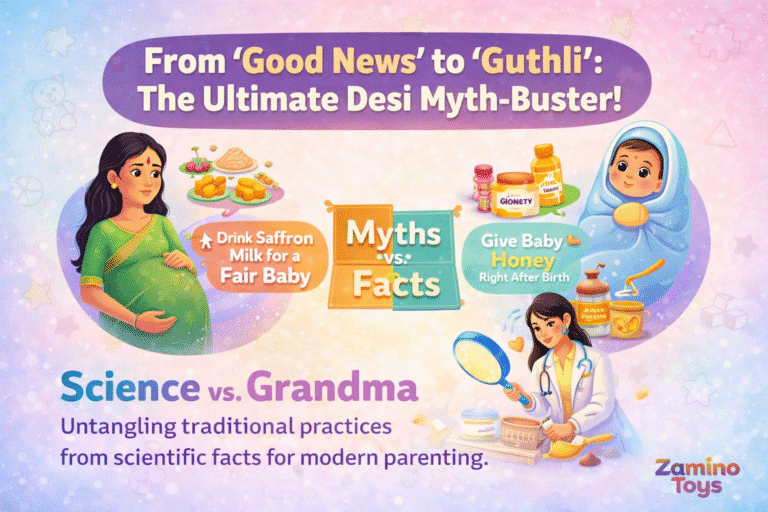 Illustration explaining pregnancy care and baby care myths vs facts including saffron milk pregnancy myth and honey for newborn myth for Indian parents