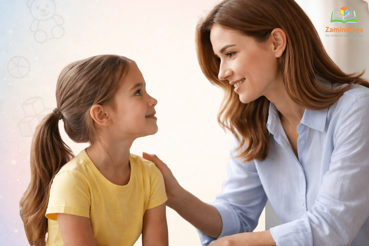 authoritative parenting example parent calmly talking with child and explaining rules with warmth