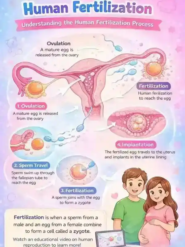 Human fertilization infographic showing ovulation, sperm travel, fertilization, and implantation in the uterus.