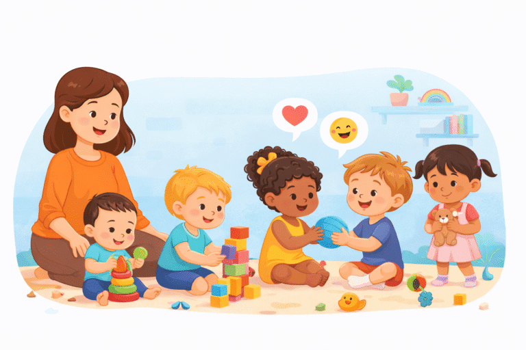 Children playing together and sharing toys while a parent observes, illustrating social development in early childhood and cooperative play.