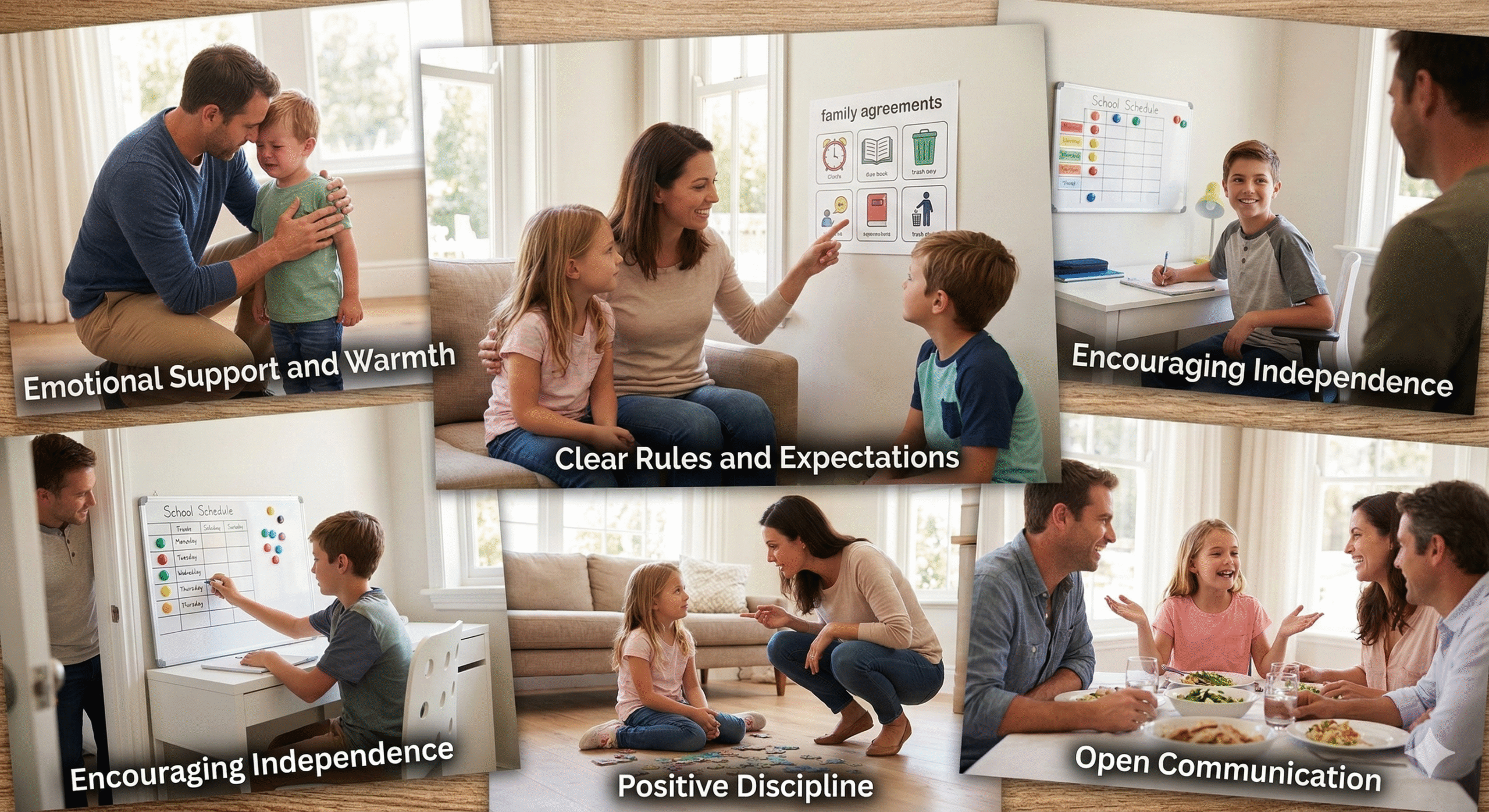 A collage of five scenes illustrating the characteristics of the authoritative parenting style: emotional support, clear rules, encouraging independence, positive discipline, and open communication.