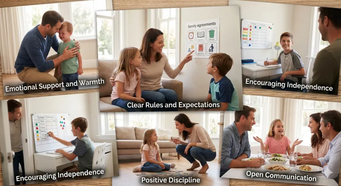 A collage of five scenes illustrating the characteristics of the authoritative parenting style: emotional support, clear rules, encouraging independence, positive discipline, and open communication.