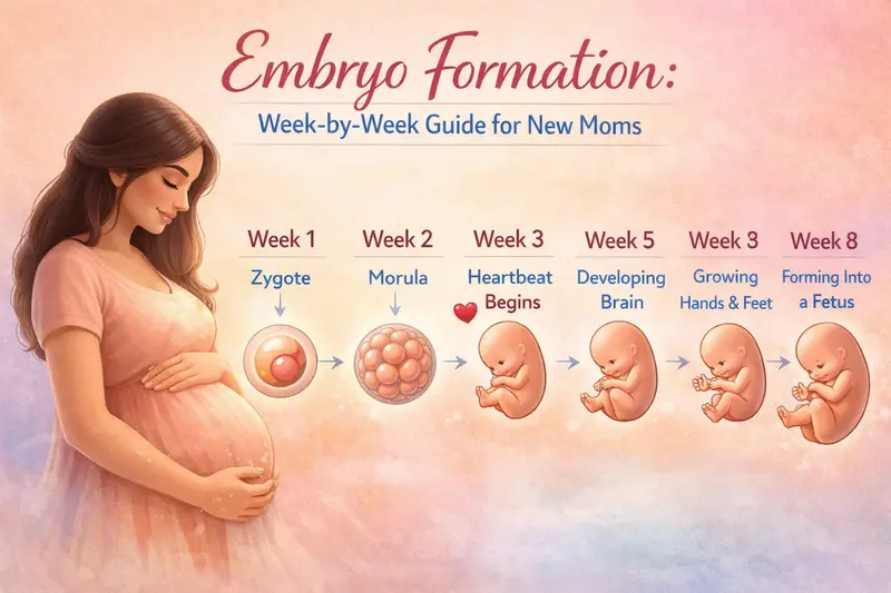 Embryo Formation Process Step-by-Step (Guide) embryo formation stages week by week showing zygote morula fetal heart development and early pregnancy growth