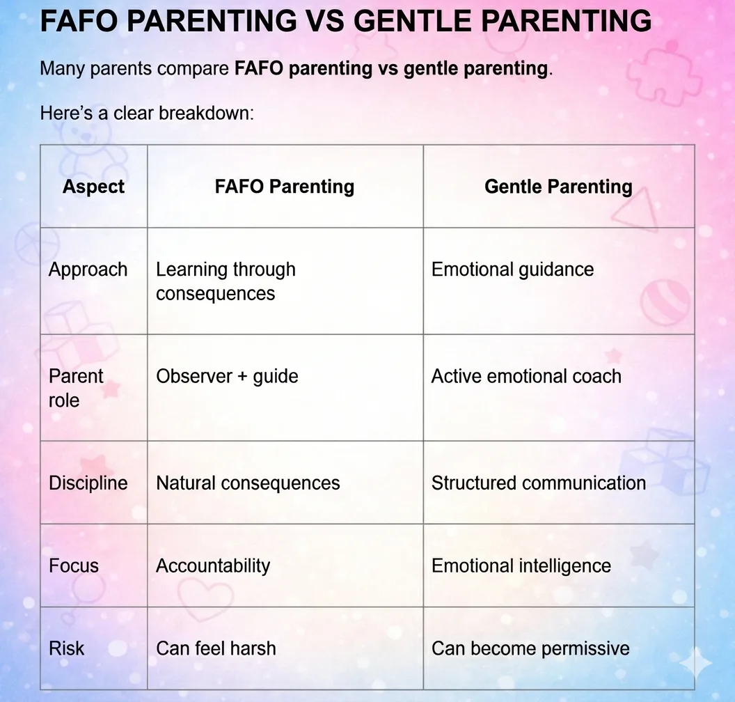 What is FAFO parenting infographic showing comparison between FAFO parenting and gentle parenting including approach, discipline, focus, and risks