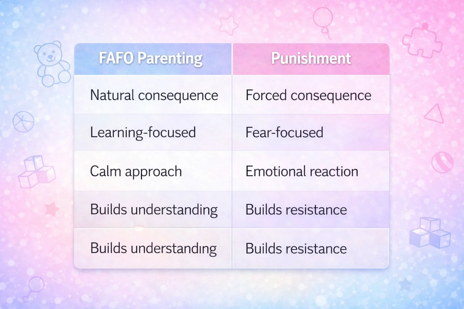 What is FAFO parenting comparison chart showing difference between FAFO parenting and punishment including consequences, approach, learning, and behavior outcomes