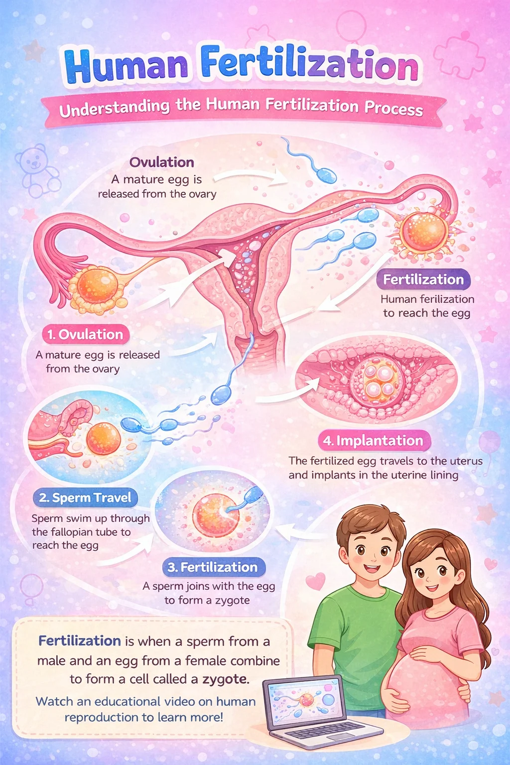 Human fertilization process diagram showing ovulation, sperm travel, fertilization in the fallopian tube, and implantation in the uterus.