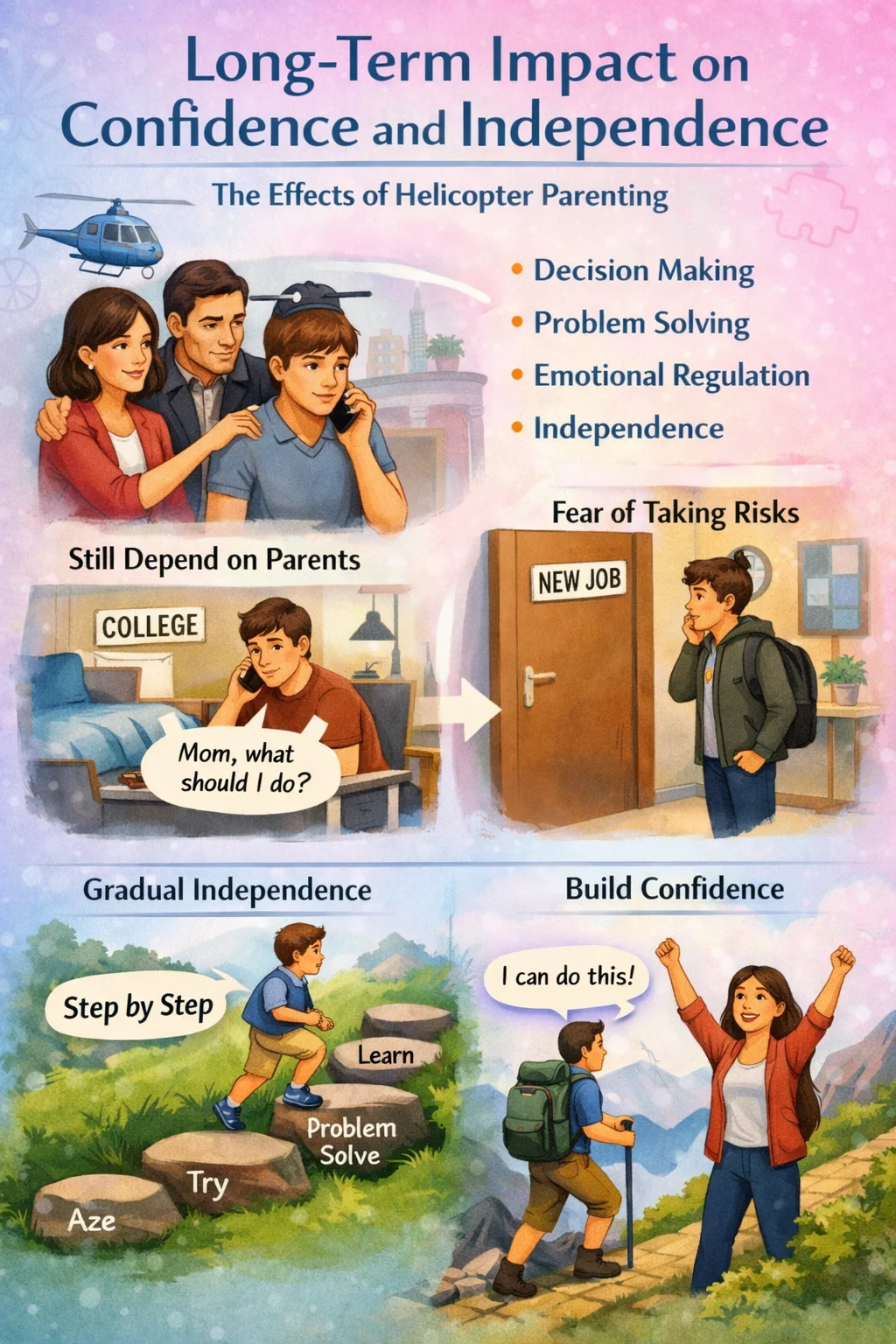 Helicopter parenting effects on child confidence, independence, and decision-making.
