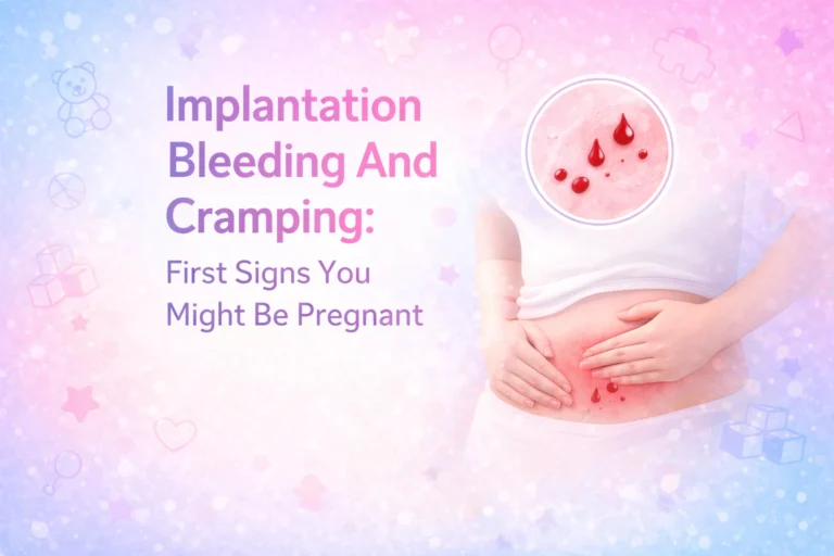 Illustration of a woman holding her lower abdomen with light bleeding indication, representing implantation bleeding and early pregnancy cramping signs