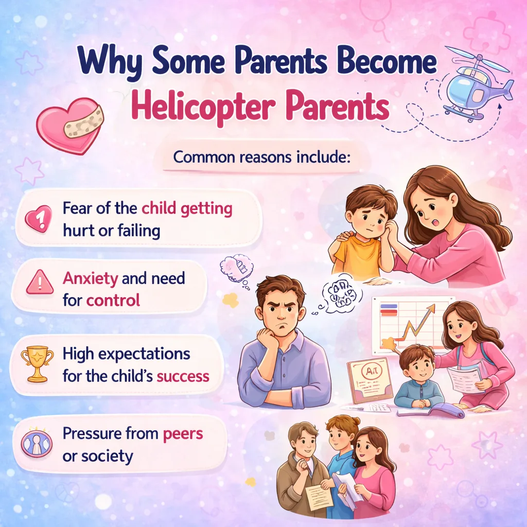 Illustration showing reasons why some parents become helicopter parents such as fear, anxiety, and high expectations.
