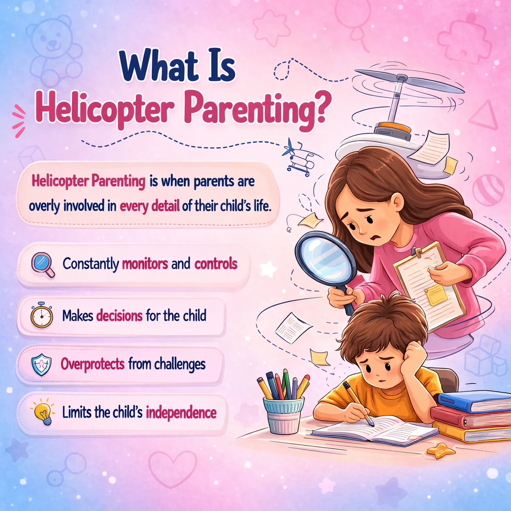 Helicopter parenting illustration showing overprotective parents hovering like a helicopter above a child, explaining the concept of overinvolved parenting.