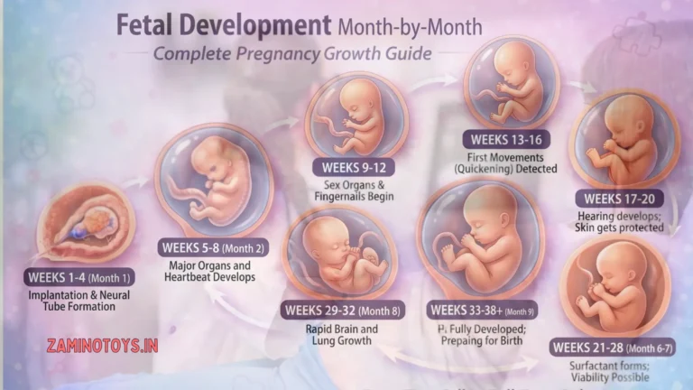 Fetal development month by month chart illustrating pregnancy growth stages and milestone timeline inside the womb