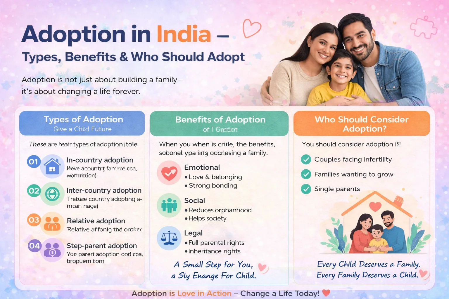 Adopt a child in India infographic showing types of adoption, benefits, and who should consider adoption