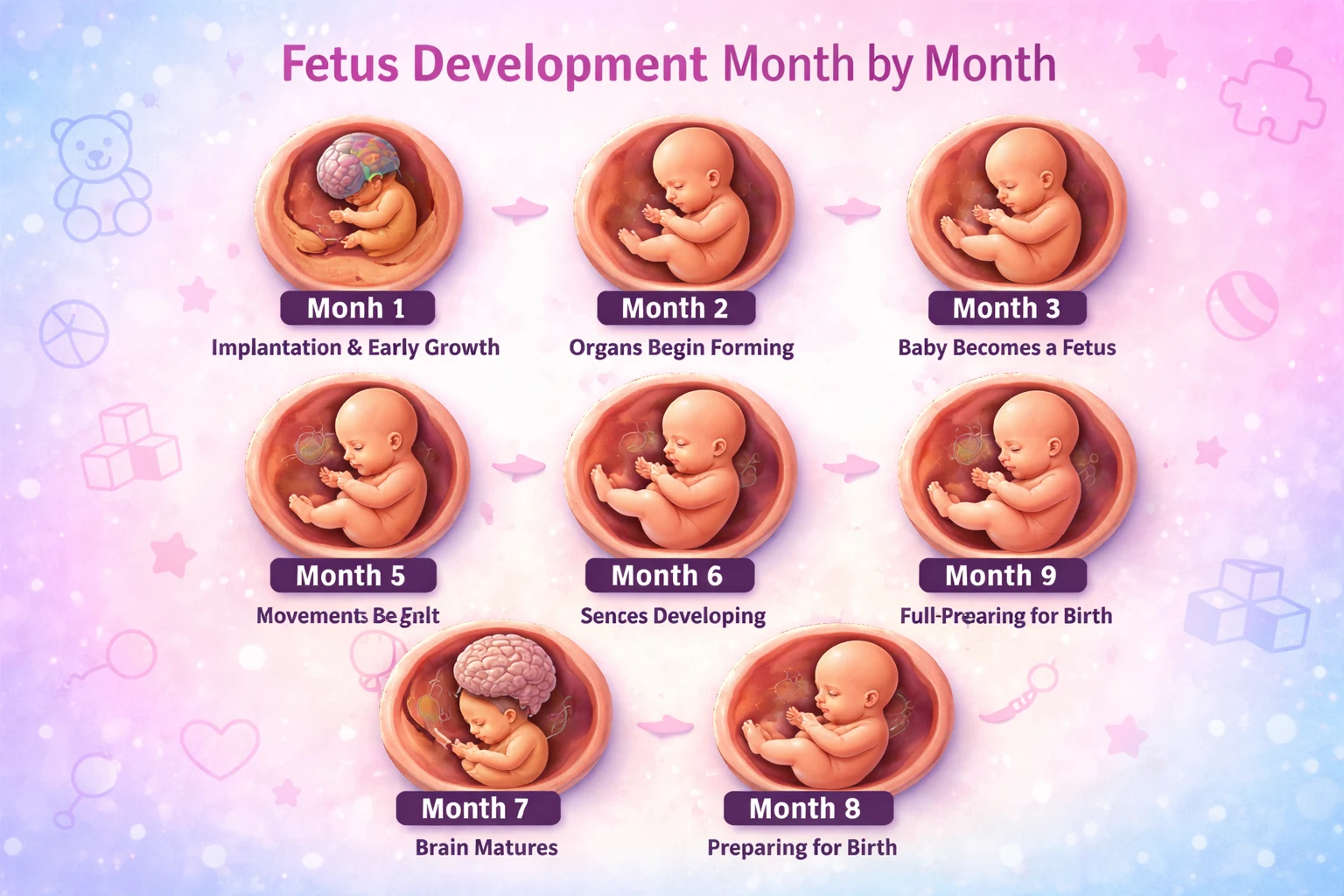 Fetus development month by month chart showing baby growth stages from implantation, organ formation, movement, brain development, to full-term birth.