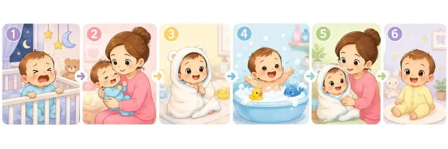 Safe baby bath setup with baby tub, towel, shampoo, and bath toys