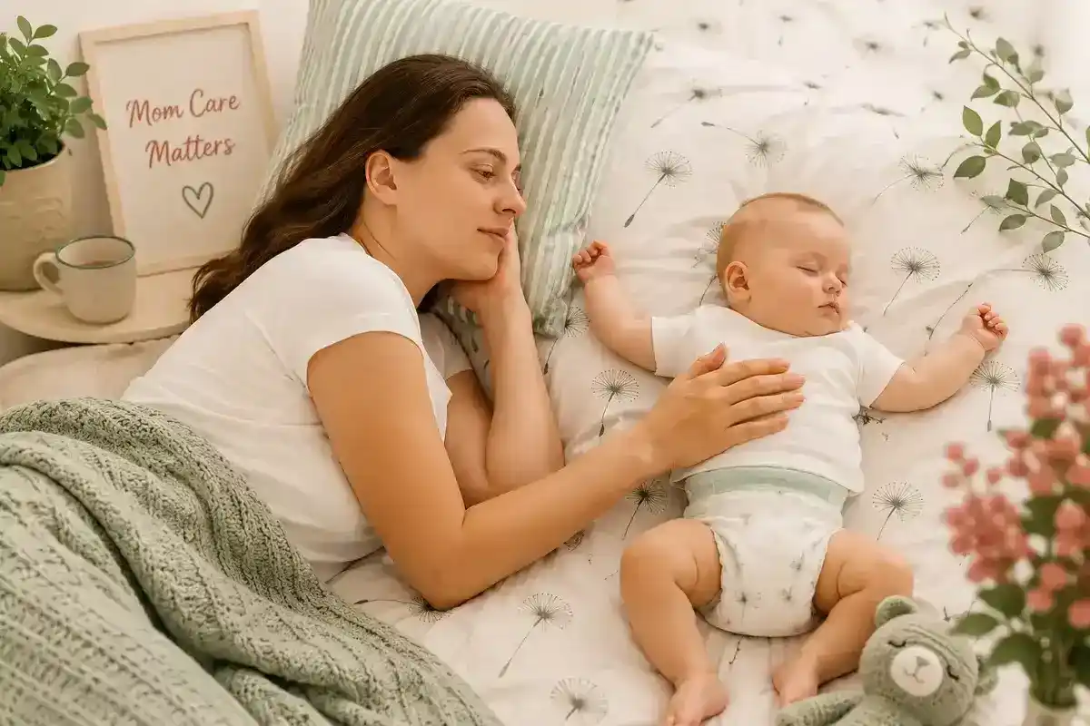 New mother practicing wellness and recovery at home New mother practicing mom care and recovery at home