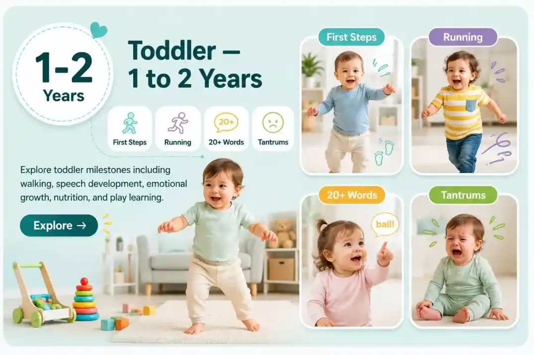 Young child taking first steps during an important stage of child development