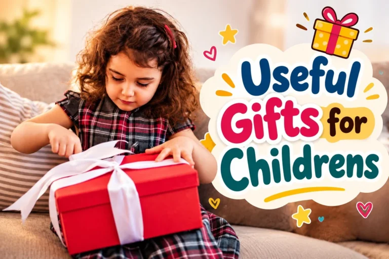 Girl untying white ribbon on red gift box next to Useful Gifts for Childrens text banner