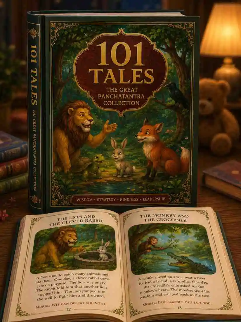 Premium hardback cover and open pages of the 101 Tales The Great Panchatantra Collection book showing fables like The Lion and the Clever Rabbit and The Monkey and the Crocodile.