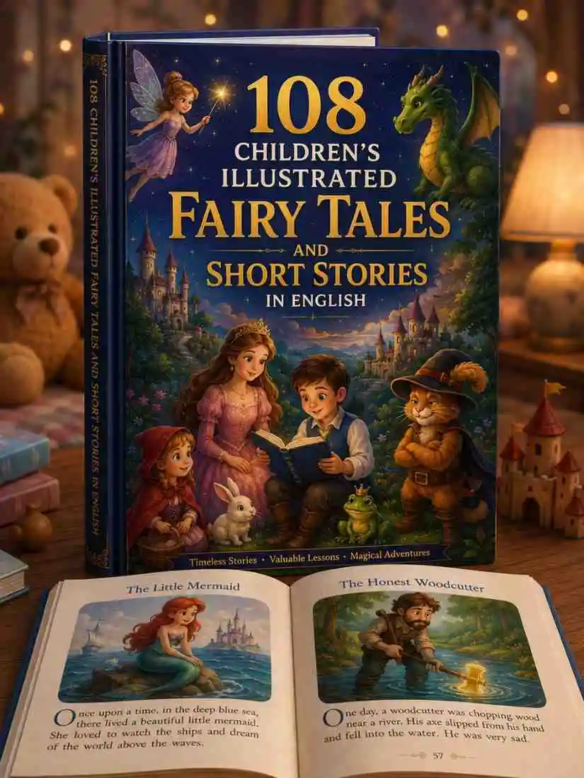 The cover and open inner pages of the 108 Children's Illustrated Fairy Tales and Short Stories in English book, featuring artwork for The Little Mermaid and The Honest Woodcutter.