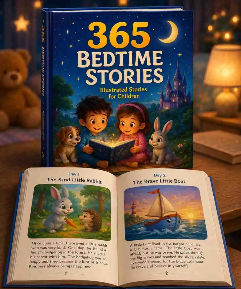The front cover and open inner pages of the 365 Bedtime Stories for kids book showing daily illustrated stories for Day 1 The Kind Little Rabbit and Day 2 The Brave Little Boat.