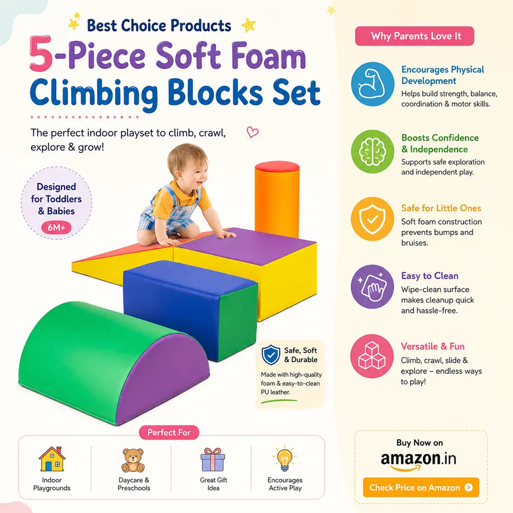 Five piece soft foam climbing blocks set, a modular indoor crawling and active play gym layout designed for safe milestone development in infants.