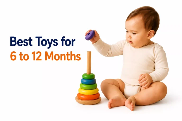 Infant stacking rings on a wooden peg near text reading Best Toys for 6 to 12 Months.