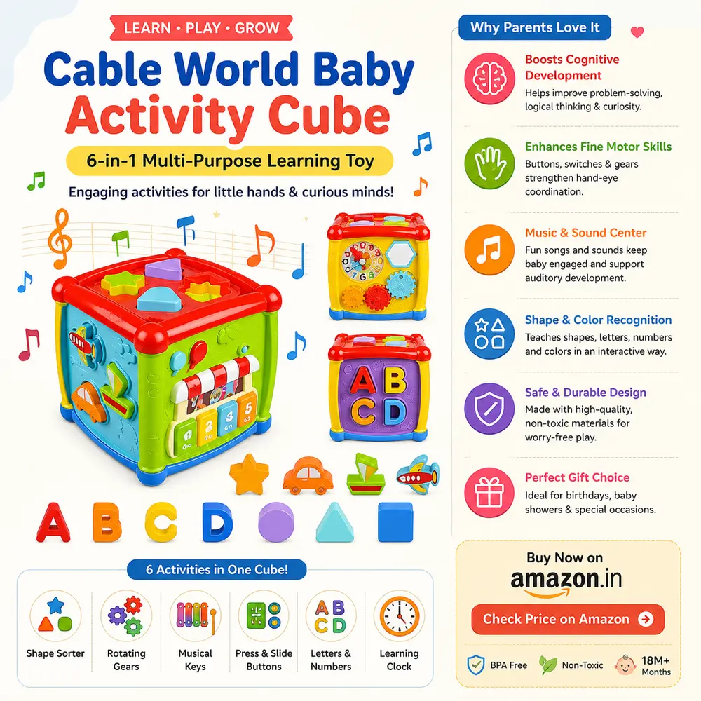 Cable World Baby Activity Cube 6-in-1 multi-purpose educational learning toy, a mechanical discovery hub targeting cognitive milestones for 6 to 12 months old babies.