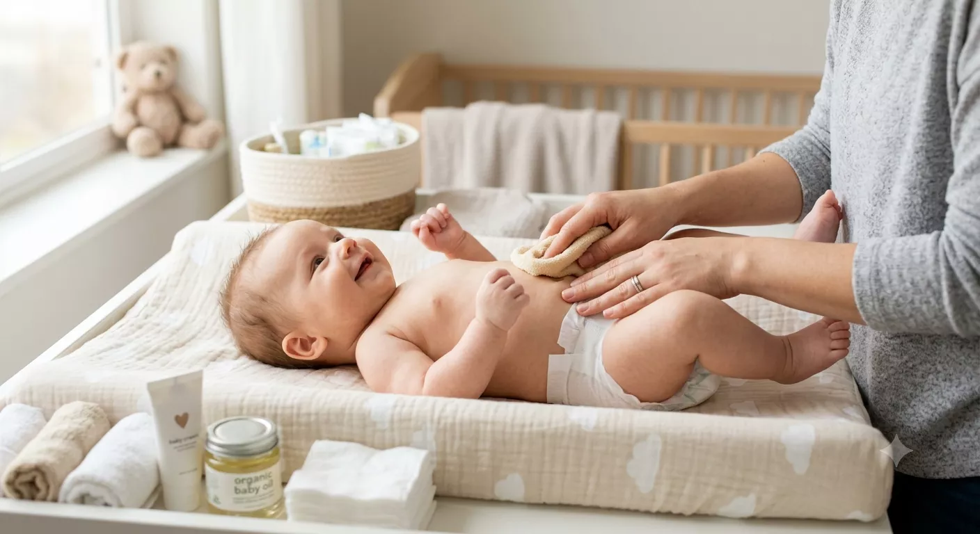 Parent changing a newborn's diaper while caring for a newborn with proper hygiene.