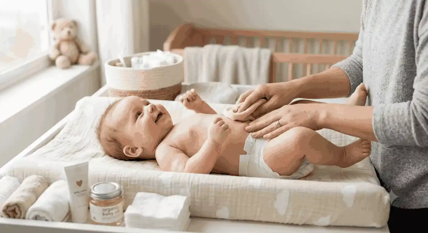 Parent changing a newborn's diaper while caring for a newborn with proper hygiene.