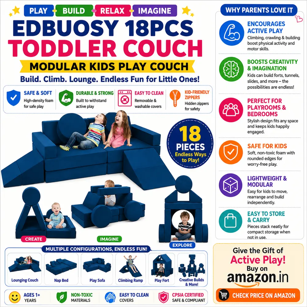 Edbuosy 18-piece modular toddler couch made of high-density open-ended building foam blocks for gross motor milestone training.