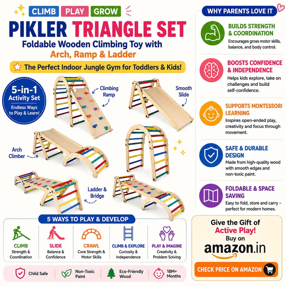 LENDZEE Pikler Triangle Set with a foldable solid wood climbing frame, rocking arch, and reversible slide ramp for advanced toddler physical development.