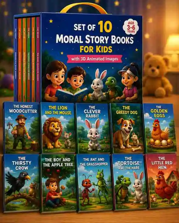 Set of 10 moral bedtime stories for kids booklet collection featuring 3D animated images and classic fables like The Lion and the Mouse and The Honest Woodcutter.