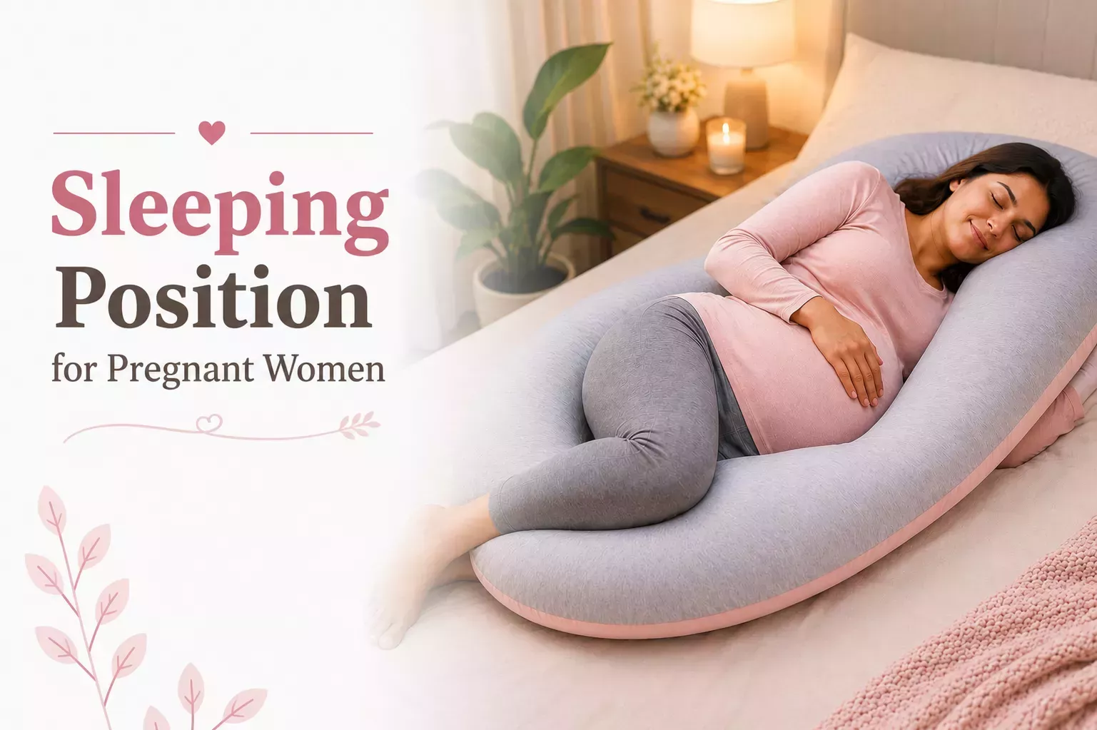 Sleeping Position for Pregnant Women: Expectant mother comfortably sleeping on her left side with a full-body pregnancy pillow, supporting her back, belly, hips, and legs for a safe and restful night's sleep