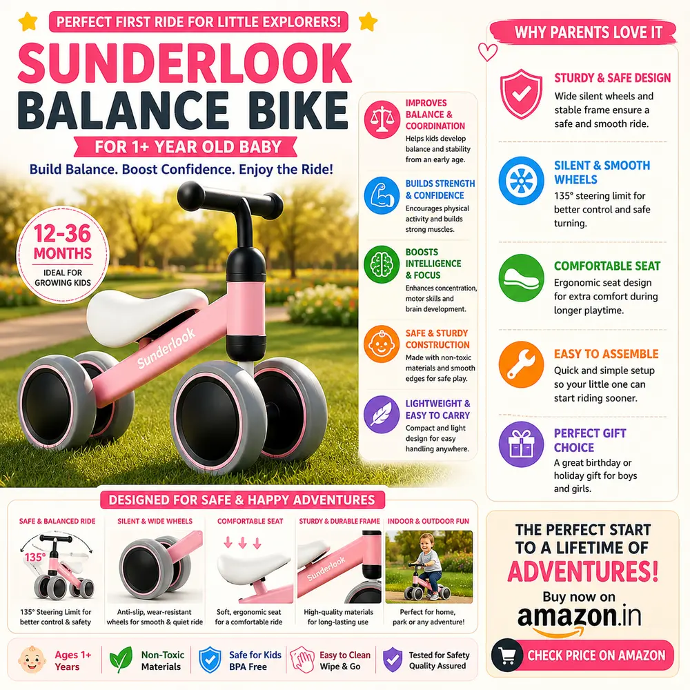 Sunderlook Mini Balance Ride-On Bike with four stable TPU wheels, a budget-friendly indoor physical movement and balance development tool for early toddlers.