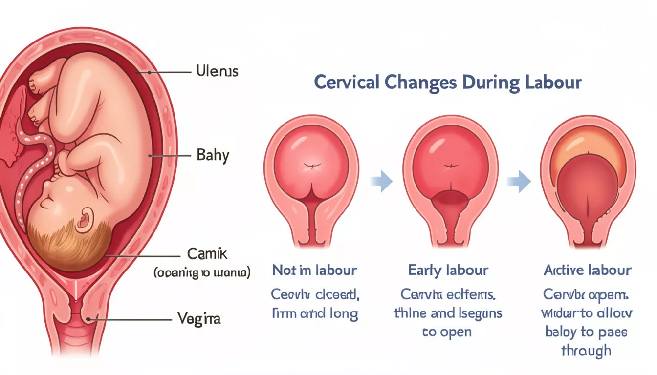 Illustration showing the stages of labor and signs of labor pain during pregnancy