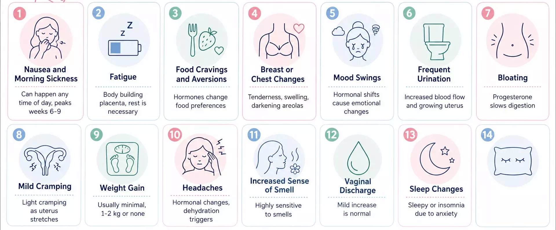 Visual guide to common first trimester pregnancy symptoms including morning sickness, breast tenderness, headaches, and sleep changes.