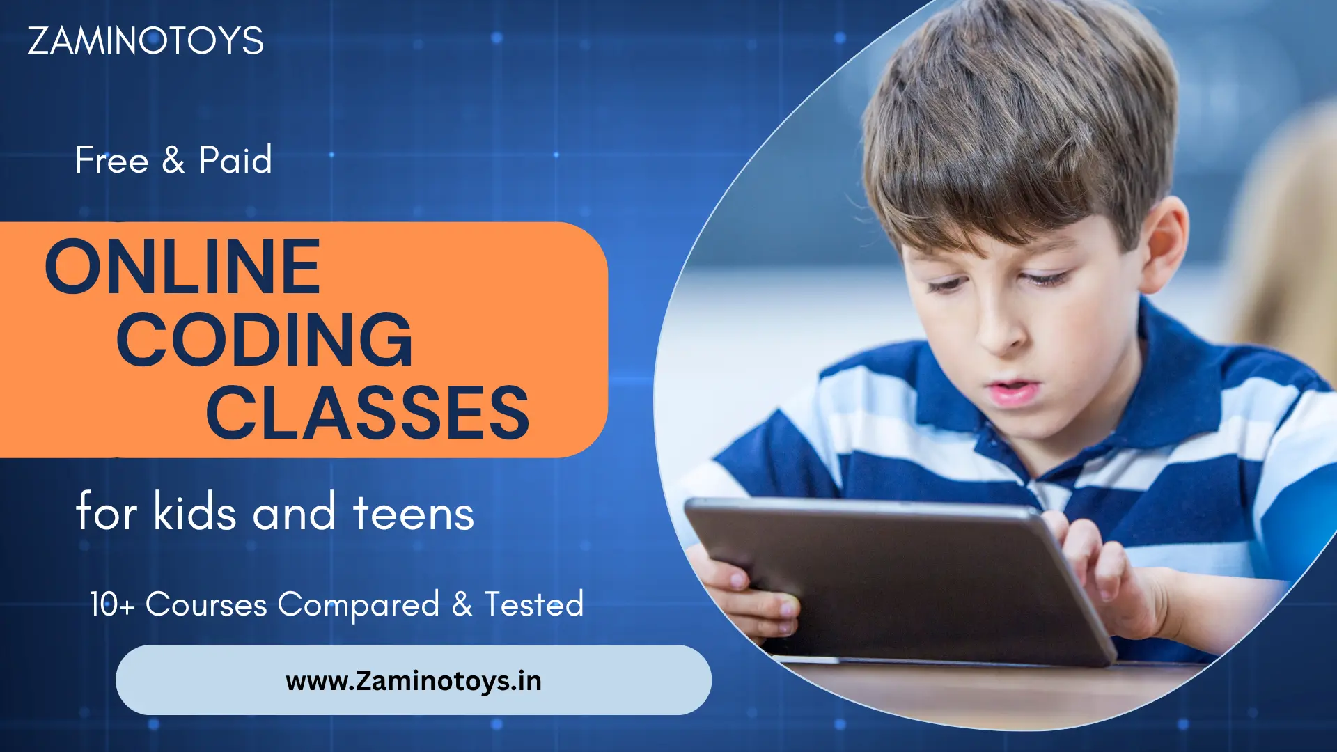 Online coding classes for kids featured image showcasing a child learning code on a tablet.
