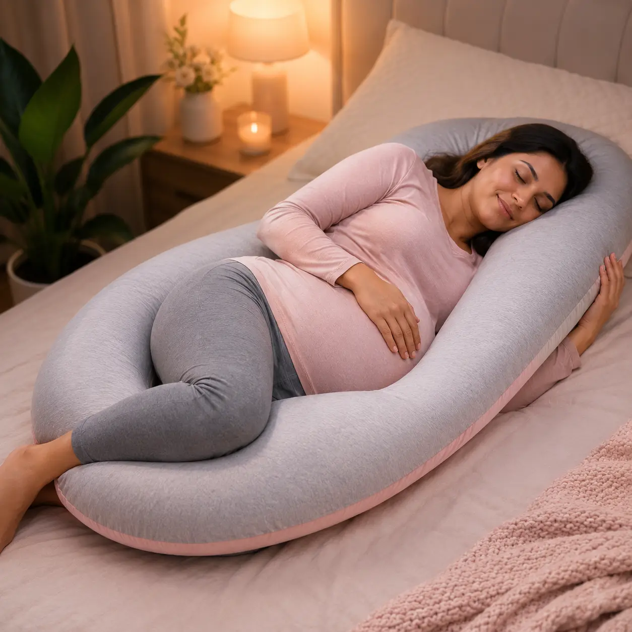 Sleeping Position for Pregnant Women: Expectant mother comfortably sleeping on her left side with a full-body pregnancy pillow, supporting her back, belly, hips, and legs for a safe and restful night's sleep