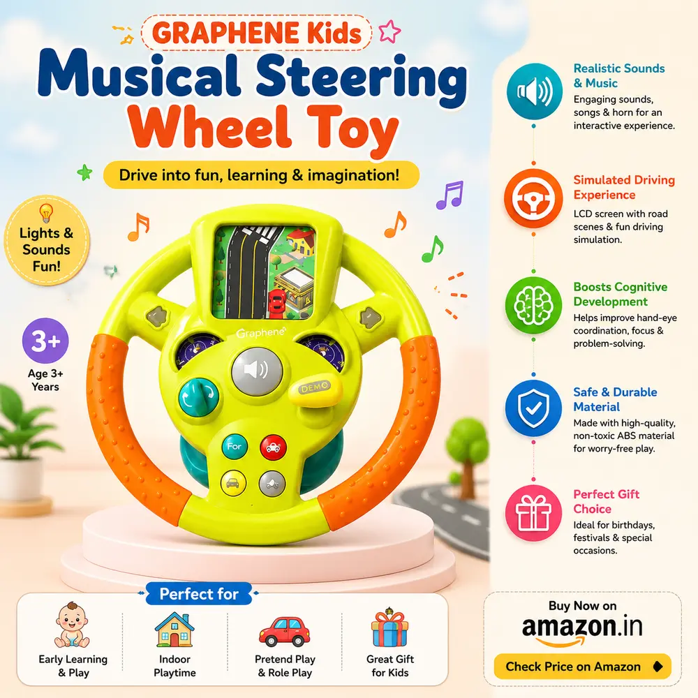 GRAPHENE Kids Musical Steering Wheel Toy driving simulator dashboard, an affordable local sensory and fine motor skill toy for 6 to 12 months infants in India.